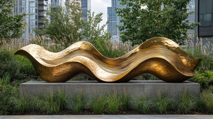 A golden, wave-like sculpture set in a landscaped area among modern buildings.