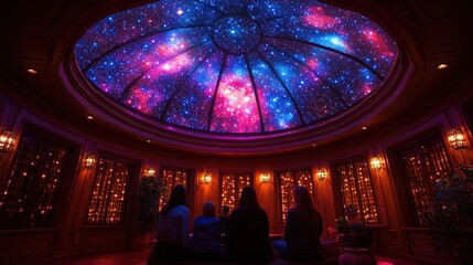 A group of people admiring a colorful galaxy ceiling in a cozy, illuminated room.
