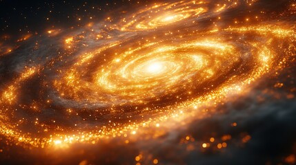 A mesmerizing view of swirling galaxies illuminated by golden stars in space.
