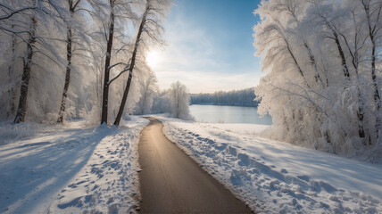 Beautiful winter scene with a winding path leading through a snowy forest towards a frozen lake