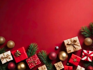 Christmas greetings background design. Gift boxes ornaments and decorative elements on red elegant background.