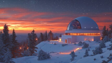 A modern observatory in a snowy landscape under a starry sky at sunset.