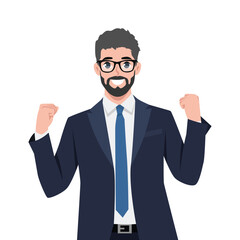Businessman rejoicing for his success. Flat Vector Character Isolated.