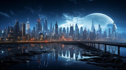 Fototapeta premium Full 360 degrees seamless spherical panorama HDRI equirectangular projection of Cyberpunk Night City Tron Future. Texture environment map for lighting and reflection