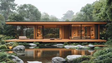 A modern house surrounded by lush greenery and a tranquil pond.