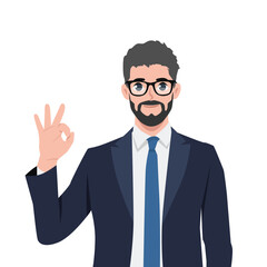 Young businessman giving an OK sign. Flat Vector Character Isolated.