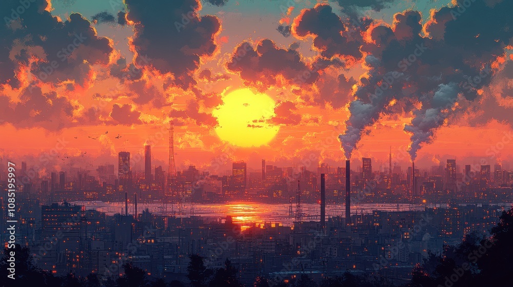 Wall mural Vibrant Sunset Over Industrial City Skyline with Smokestacks and Colorful Clouds Reflecting on Water, Capturing the Beauty and Complexity of Urban Life