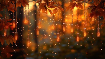 A serene forest scene with glowing test tubes and sparkling lights among autumn leaves.