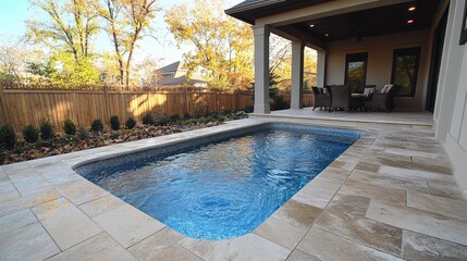 A serene backyard featuring a small pool and outdoor seating area surrounded by trees.