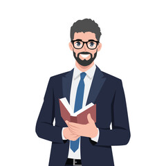 Young man is holding a book in his hand. Flat Vector Character Isolated.