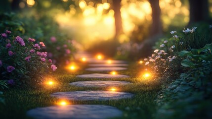A serene garden path illuminated by glowing lights and surrounded by blooming flowers.