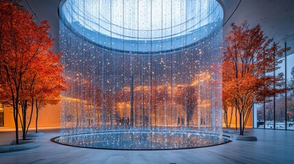 A serene indoor space featuring a waterfall, illuminated by soft lights and surrounded by autumn trees.