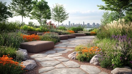 A serene garden path lined with vibrant flowers and greenery, overlooking a city skyline.