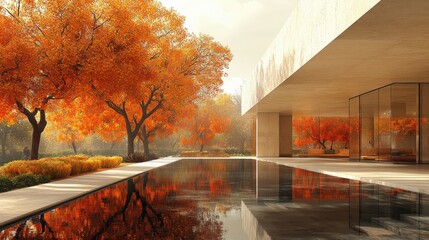 A serene modern architecture scene with vibrant autumn trees and a reflective pool.