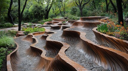 A serene landscape featuring undulating wooden pathways amidst lush greenery and flowers.