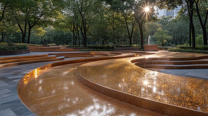 A serene park scene featuring a winding water feature and lush greenery.