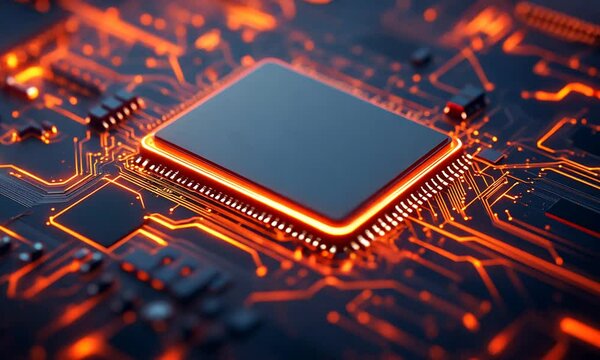 Futuristic Computer Processor Chip with Glowing Red Circuitry for Technology and Innovation : Generative AI