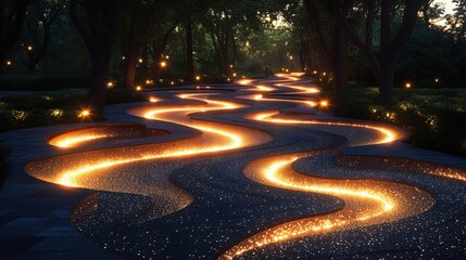 A serene pathway illuminated by glowing lights, winding through a tranquil landscape.