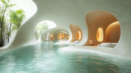 A serene spa interior featuring flowing water and organic architecture for relaxation.