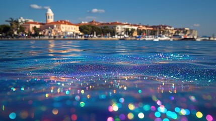 A shimmering water surface reflects vibrant colors with a coastal town in the background.