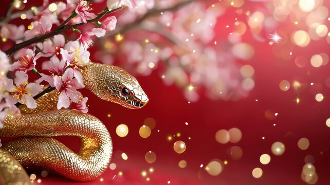 A beautiful golden snake with decorative scales and cherry blossoms on a red background, framed with subtle gold sparkles