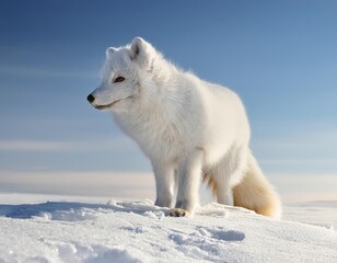 Obraz premium Arctic fox standing on snow covered ground under blue sky