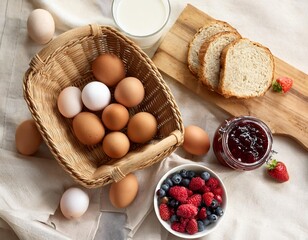 Preparing healthy breakfast with eggs, berries, bread and milk