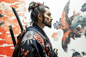 Fototapeta premium Samurai with swords, floral pattern, bird art.