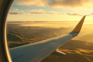 Obraz premium Airplane Wing View at Sunrise Over Landscape 