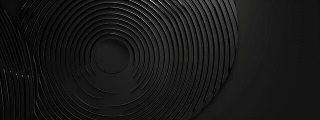 Obraz premium Black Background with Circular Patterns and Lines, Banner Template with White Space for Text. Geometric Minimalist Wallpaper with Copy Space on Black Background. Stylish Modern Wallpaper.