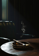 Obraz premium Cigar Resting on Table with Smoke in Dim Light