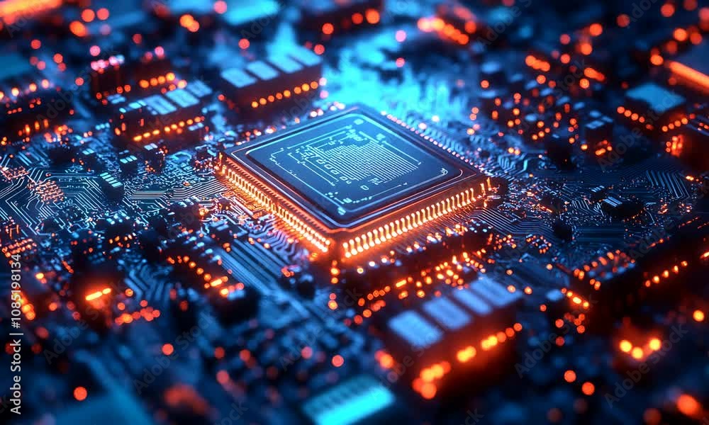 Poster Closeup of a Powerful Modern Microprocessor on Electronic Circuit Board : Generative AI