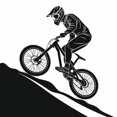 Naklejka premium Black and White Silhouette Design of a Mountain Bike Cyclist Jumping, Without Helmet, Turning Handlebars Left – Perfect for Sports Illustrations and Adventure Themes