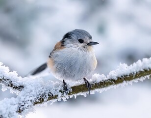 Naklejka premium Long tailed tit perching on snowy branch in winter wonderland