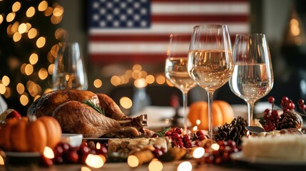 xAn inviting Thanksgiving dinner setup with warm lighting, featuring the USA flag in the background,