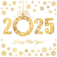 Happy New Year 2025. Decorative Font made of swirls and floral elements. Golden Numbers, snowflakes and Christmas wreath isolated on a white background.