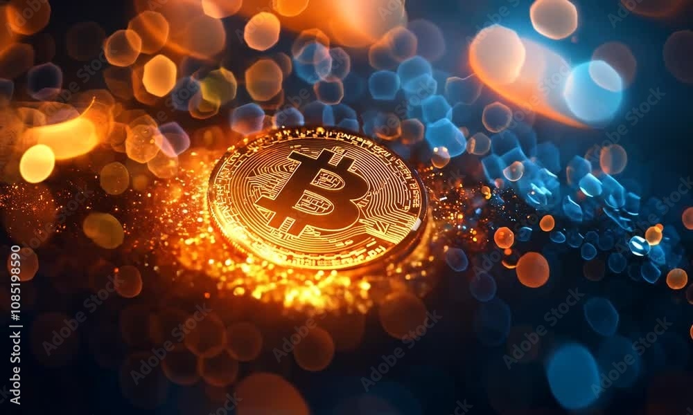 Poster Illuminated Bitcoin Cryptocurrency on Sparkling Digital Surface : Generative AI