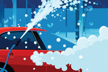 A vibrant car wash scene depicting a vehicle covered in soapy bubbles, with high-pressure water jets spraying.  Focus on the texture and movement of the water and suds.