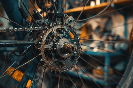 Close up of rusty bicycle cassette with chain on rear wheel being repaired in workshop
