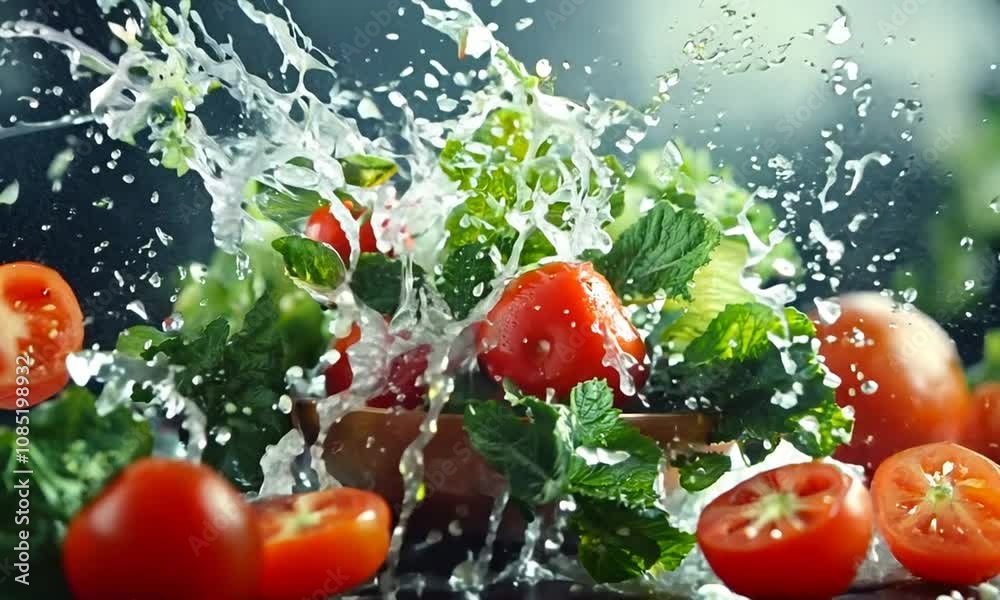 Poster fresh and juicy tomatoes and greens exploding with flavor and vibrant colors in kitchen : generative