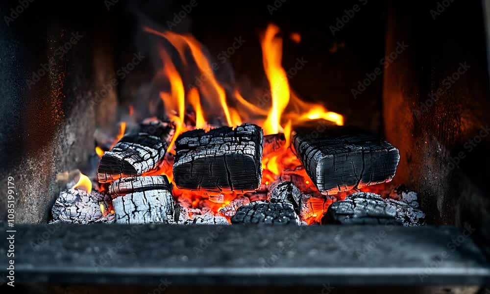 Poster burning charcoal embers in a fireplace with intense flames : generative ai