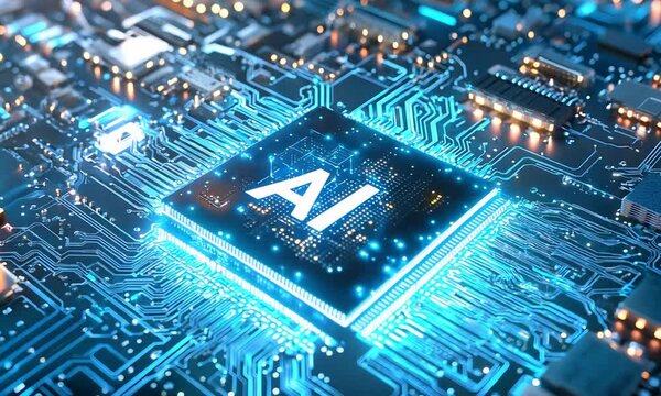 Blue AI microchip on circuit board symbolizing advanced technology and innovation : Generative AI