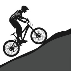 Naklejka premium Black and White Silhouette Design of a Mountain Bike Cyclist Jumping, Without Helmet, Turning Handlebars Left – Perfect for Sports Illustrations and Adventure Themes