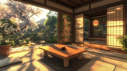 A serene Japanese interior with a garden view and natural light.