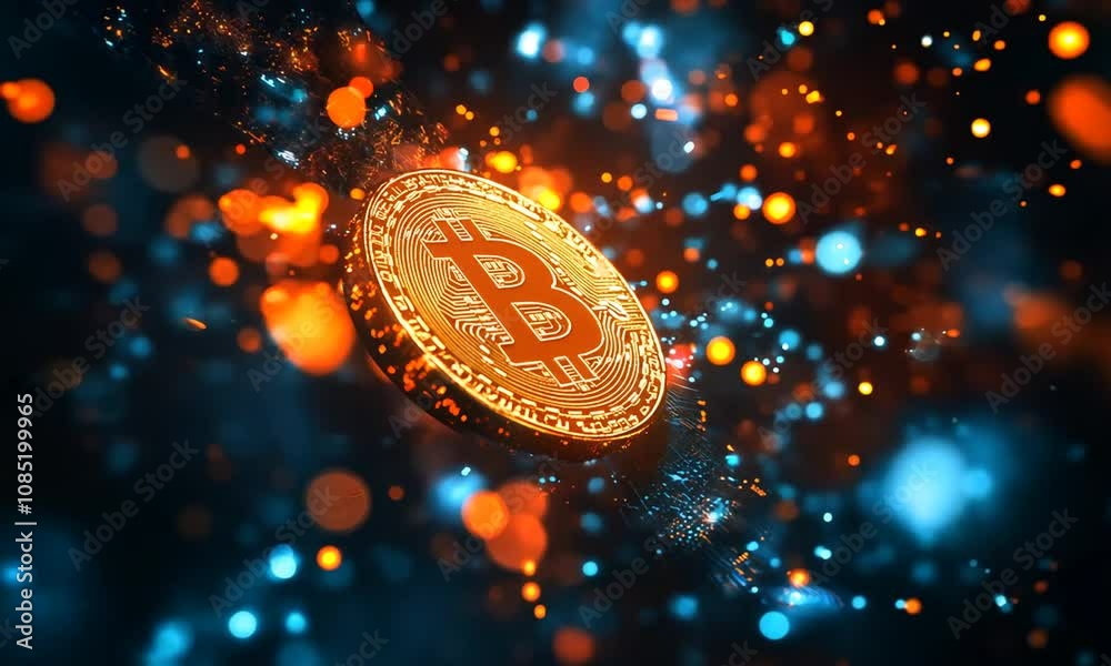Poster bitcoin cryptocurrency gold coin in digital fantasy space with glowing particles : generative ai