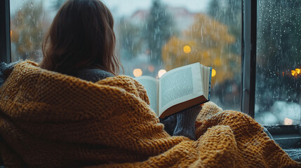 Rear view of a woman in her living room, looking out the window and reading a book in a relaxed manner on a rainy day. Concept of relaxation, warmth and solitude.