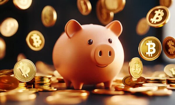 Piggy Bank with Bitcoin Coins Concept of Cryptocurrency Savings : Generative AI