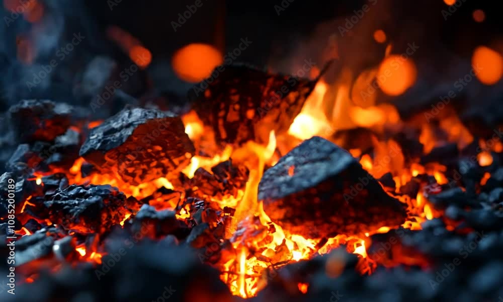 Poster intense glowing coal embers with fiery sparks and dynamic energy in a dark setting : generative ai