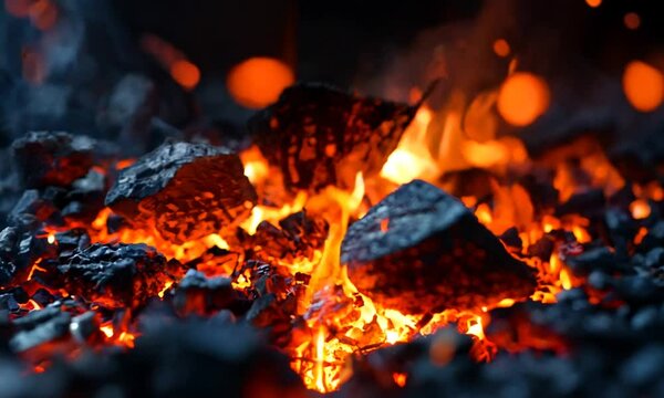 Intense glowing coal embers with fiery sparks and dynamic energy in a dark setting : Generative AI