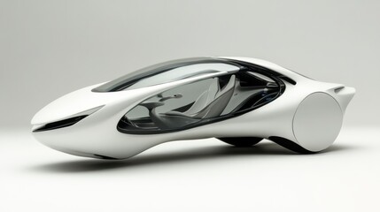 A futuristic white concept car with a sleek, aerodynamic design, transparent glass canopy, and minimalistic interior, set against a clean studio background